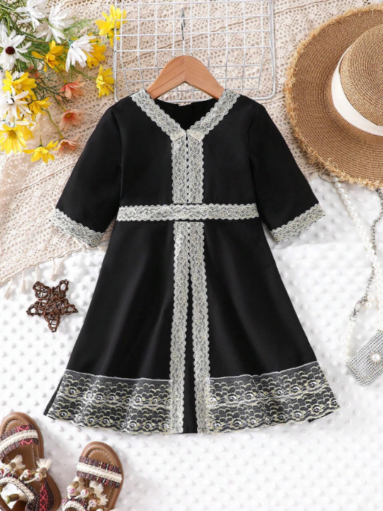 Baby Girl Black Embroidery Floral Lace Long Dress