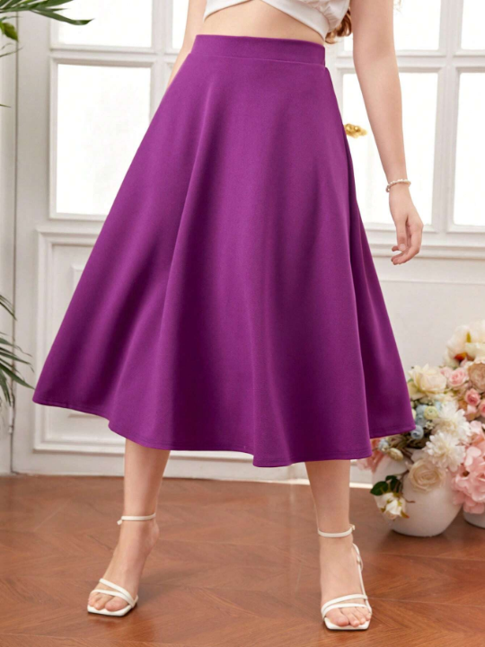 Teen Girl's Knitted Solid Color Pull-On Skirt With Side Slit, Casual Style