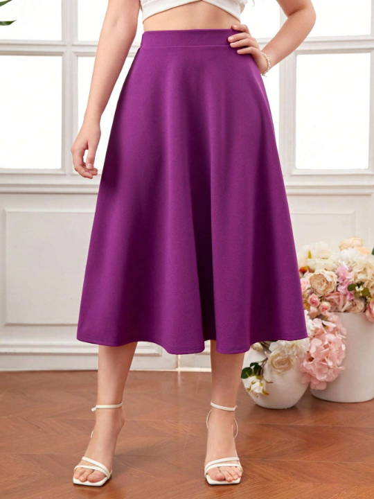 Teen Girl's Knitted Solid Color Pull-On Skirt With Side Slit, Casual Style