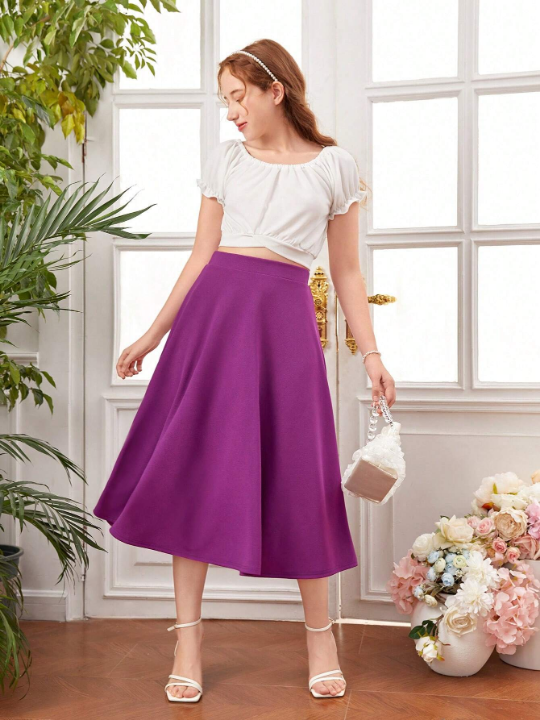 Teen Girl's Knitted Solid Color Pull-On Skirt With Side Slit, Casual Style