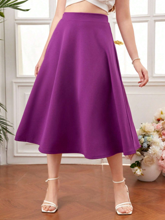 Teen Girl's Knitted Solid Color Pull-On Skirt With Side Slit, Casual Style