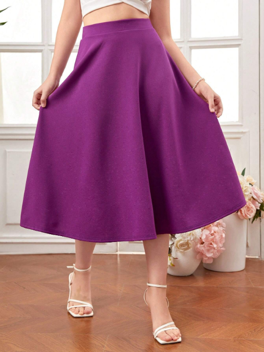 Teen Girl's Knitted Solid Color Pull-On Skirt With Side Slit, Casual Style