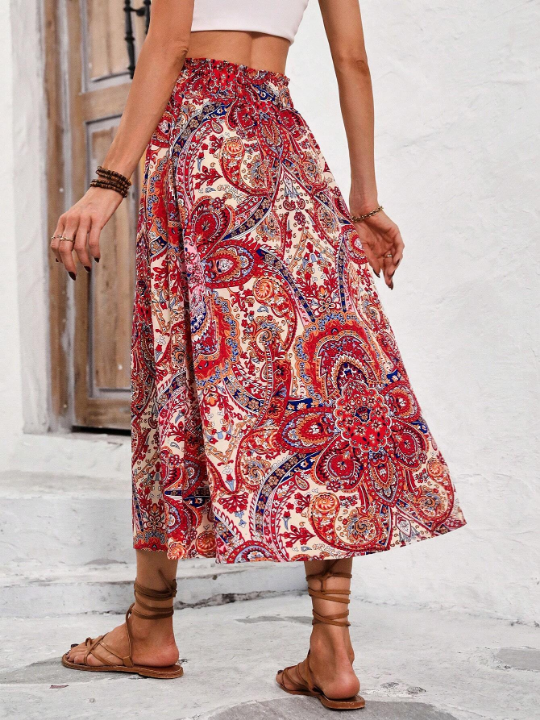 Frenchy Women's High Waist Paisley Printed High Slit Midi Skirt