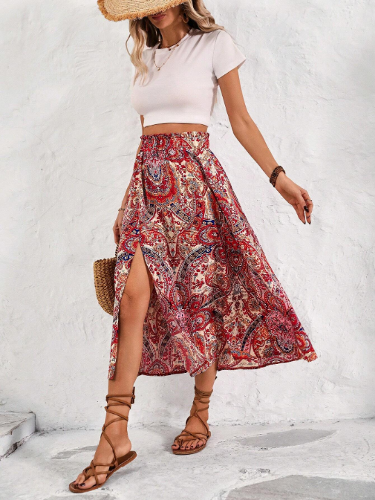 Frenchy Women's High Waist Paisley Printed High Slit Midi Skirt