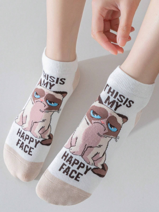 5pairs Women's Cat Cartoon Short Socks, Cute, Moisture Wicking, Funny And Versatile, Suitable For Daily Use