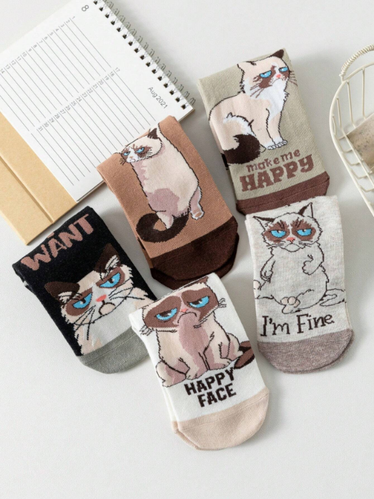 5pairs Women's Cat Cartoon Short Socks, Cute, Moisture Wicking, Funny And Versatile, Suitable For Daily Use