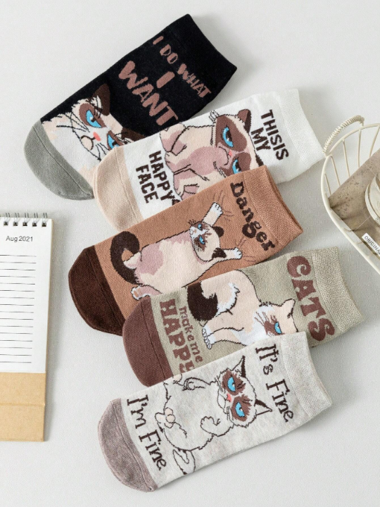 5pairs Women's Cat Cartoon Short Socks, Cute, Moisture Wicking, Funny And Versatile, Suitable For Daily Use