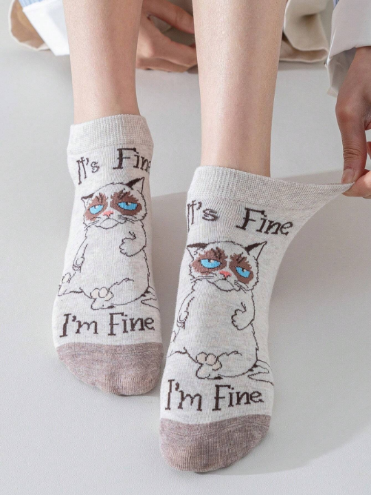 5pairs Women's Cat Cartoon Short Socks, Cute, Moisture Wicking, Funny And Versatile, Suitable For Daily Use