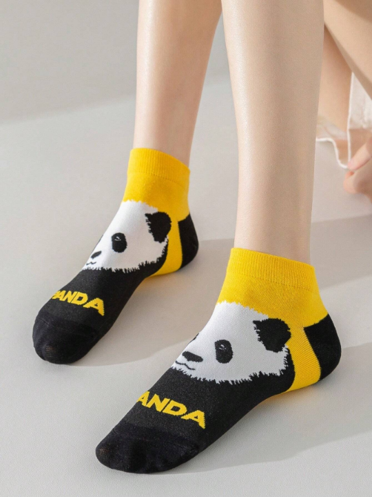 5pairs Women's Panda Animal Patterned Short Socks, Moisture Wicking, Cute, Versatile, Funny, Suitable For Daily Wear