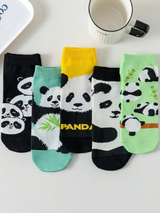 5pairs Women's Panda Animal Patterned Short Socks, Moisture Wicking, Cute, Versatile, Funny, Suitable For Daily Wear