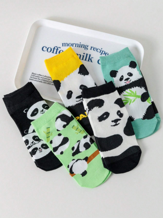 5pairs Women's Panda Animal Patterned Short Socks, Moisture Wicking, Cute, Versatile, Funny, Suitable For Daily Wear