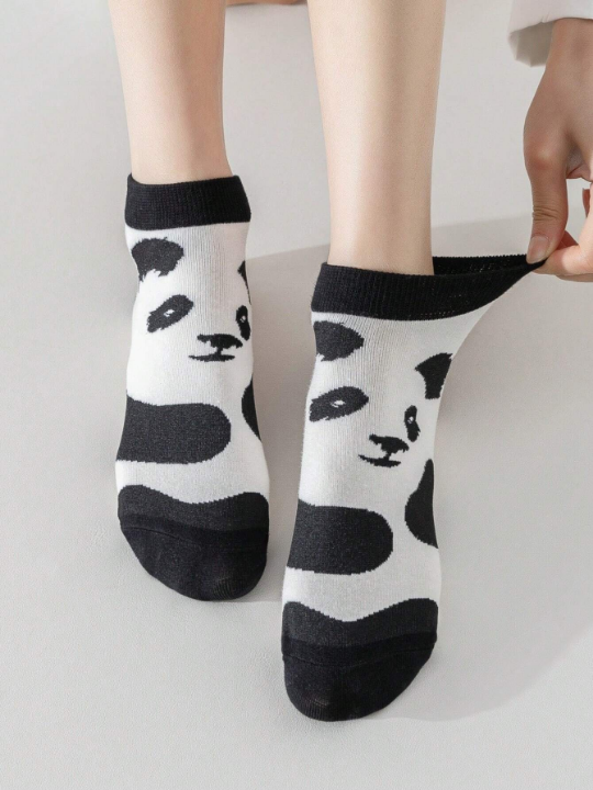 5pairs Women's Panda Animal Patterned Short Socks, Moisture Wicking, Cute, Versatile, Funny, Suitable For Daily Wear