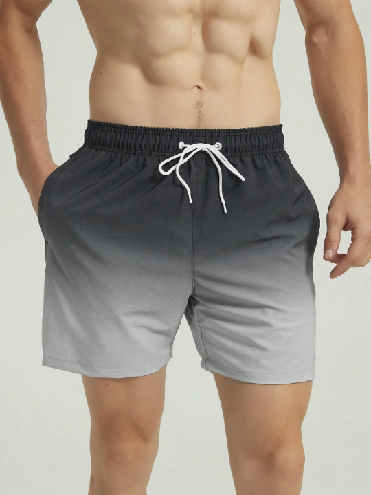 Men's Gradual Color Beach Shorts With Drawstring Waist