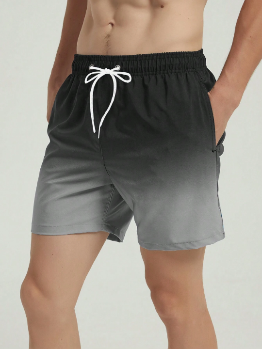 Men's Gradual Color Beach Shorts With Drawstring Waist