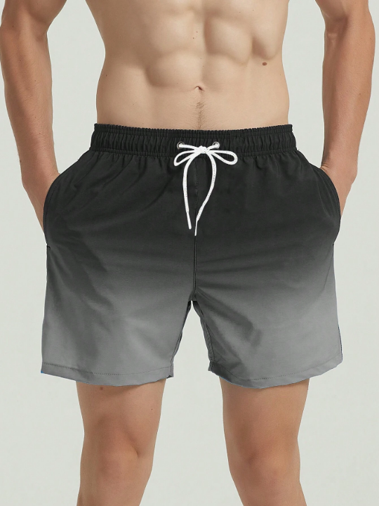 Men's Gradual Color Beach Shorts With Drawstring Waist