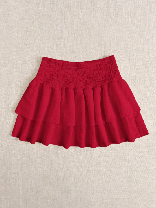 PETITE Women's Shirred-Waist Double Layer Ruffled Hem Skirt