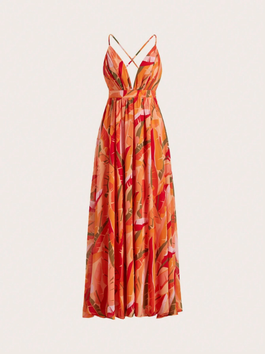 VCAY Beach Women Outfits Summer Bohemian Style Printed V-Neck Waist-Cinching Maxi Dress