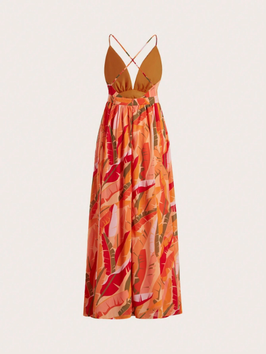 VCAY Beach Women Outfits Summer Bohemian Style Printed V-Neck Waist-Cinching Maxi Dress