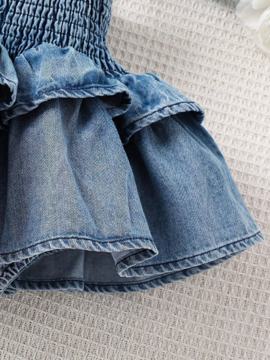 Baby Girl Spring/Summer New Arrival Cute Ruffle Trim Splice Sleeveless Denim Jumpsuit