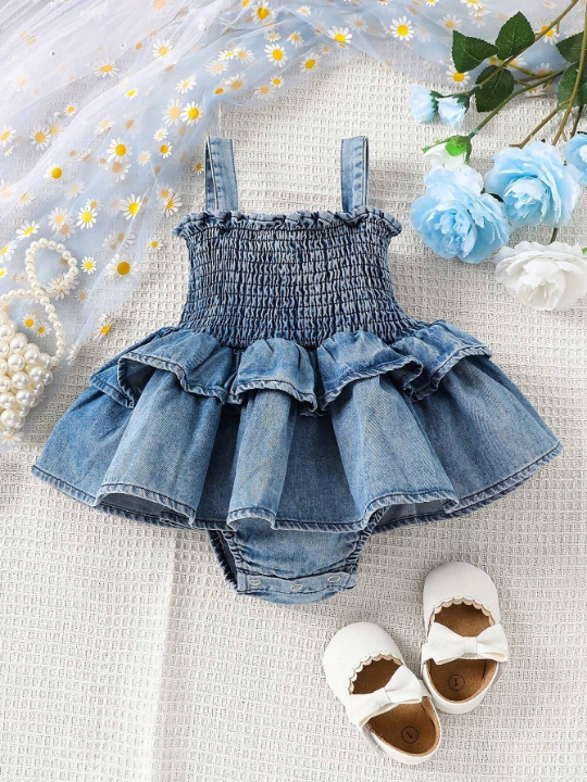 Baby Girl Spring/Summer New Arrival Cute Ruffle Trim Splice Sleeveless Denim Jumpsuit