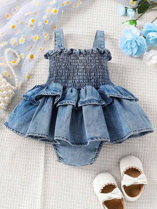 Baby Girl Spring/Summer New Arrival Cute Ruffle Trim Splice Sleeveless Denim Jumpsuit