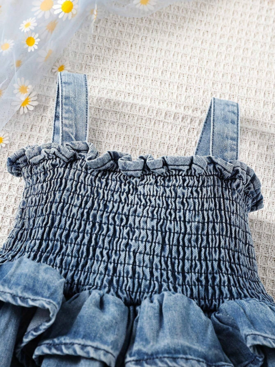 Baby Girl Spring/Summer New Arrival Cute Ruffle Trim Splice Sleeveless Denim Jumpsuit