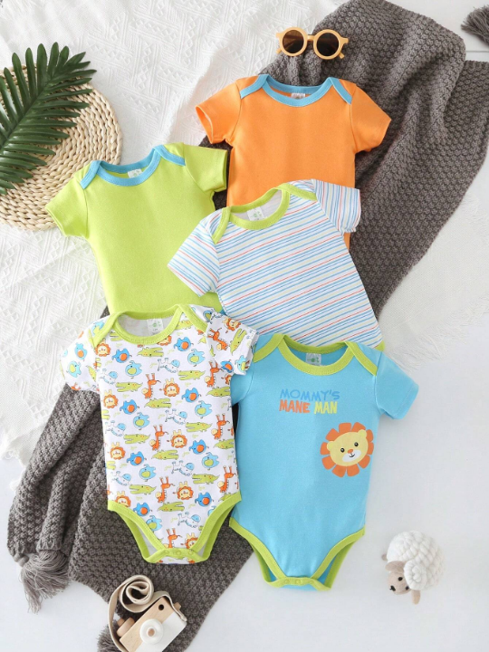 Baby Boy 5pcs New Cartoon Animal Print Bodysuit , Climbing Clothes