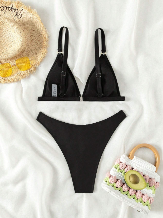 Solid Color Ring Embellished Bikini Swimsuit Set