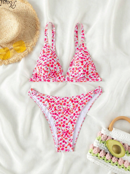 Random Printed Bikini Set With Circular Decor