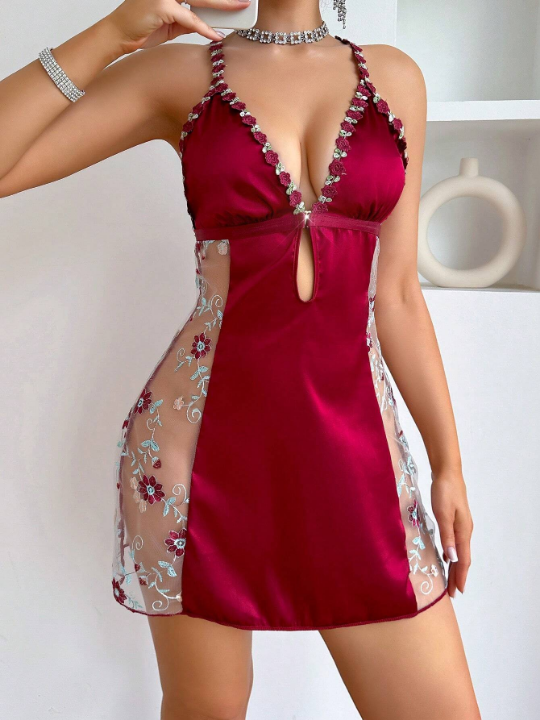 Women's Deep V-Neck Cross Back Sheer Embroidery Net Panel Sleep Dress