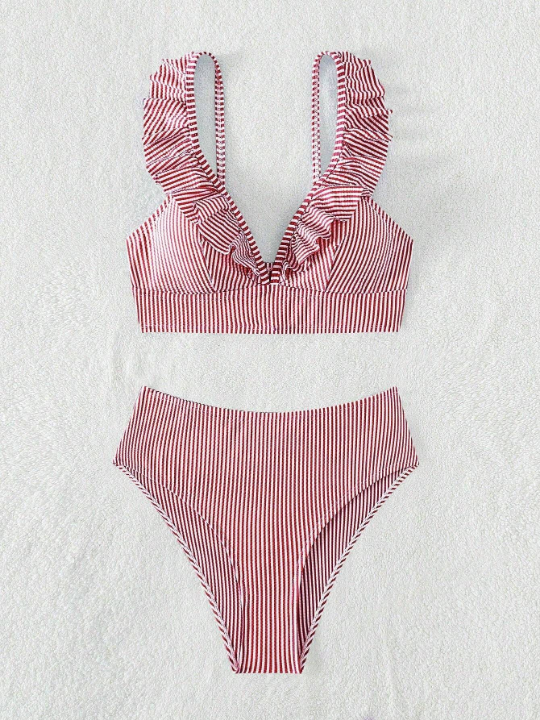 Swim Vcay Striped Ruffle Hem Two-Piece Swimwear Set