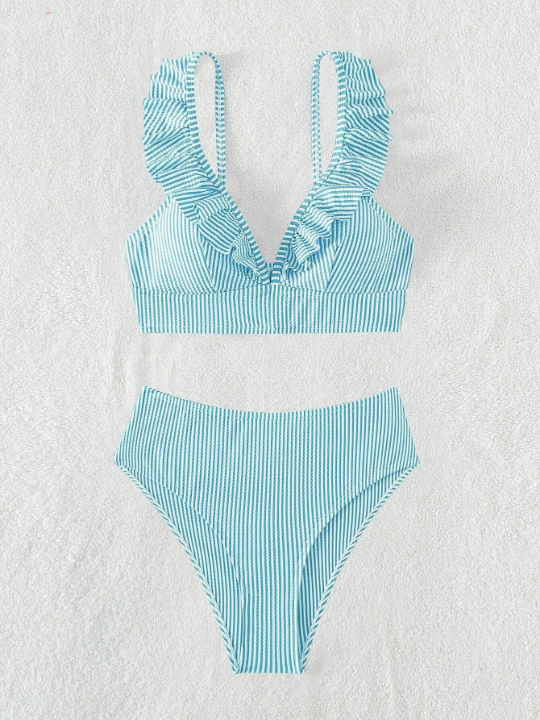 Swim Vcay Striped Ruffle Hem Two Pieces Swimsuit