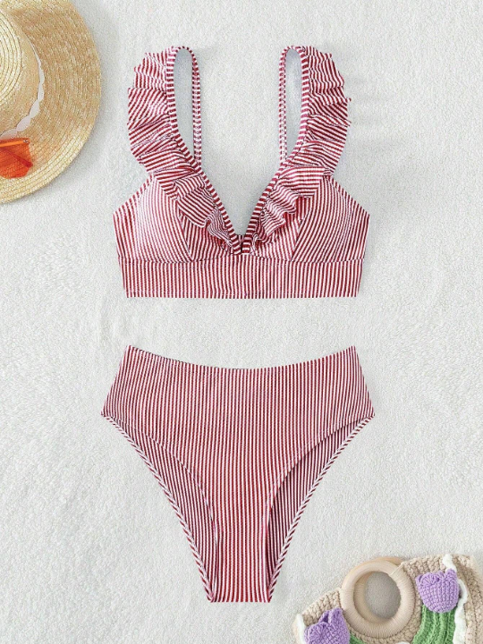 Swim Vcay Striped Ruffle Hem Two-Piece Swimwear Set