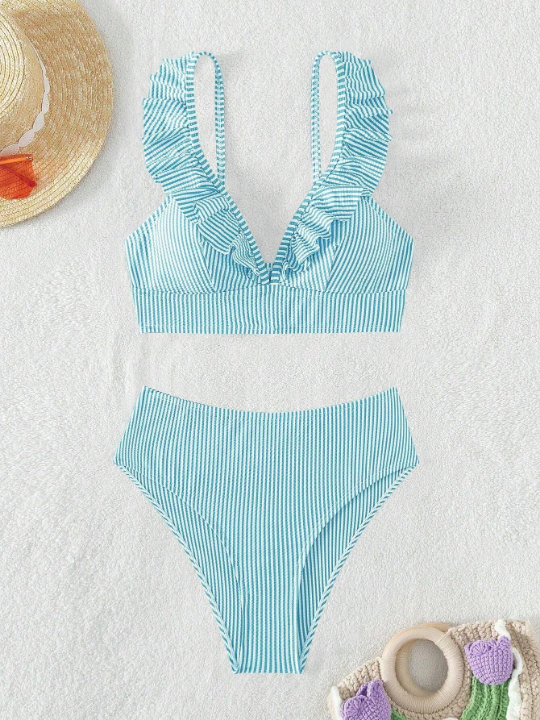 Swim Vcay Striped Ruffle Hem Two Pieces Swimsuit