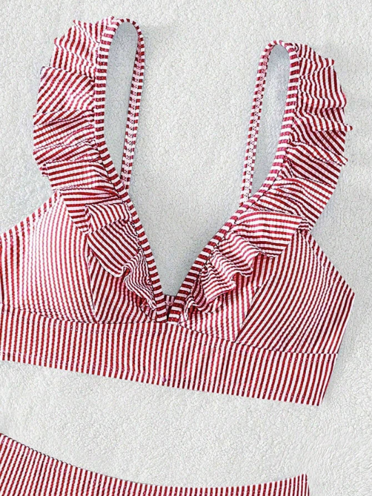 Swim Vcay Striped Ruffle Hem Two-Piece Swimwear Set