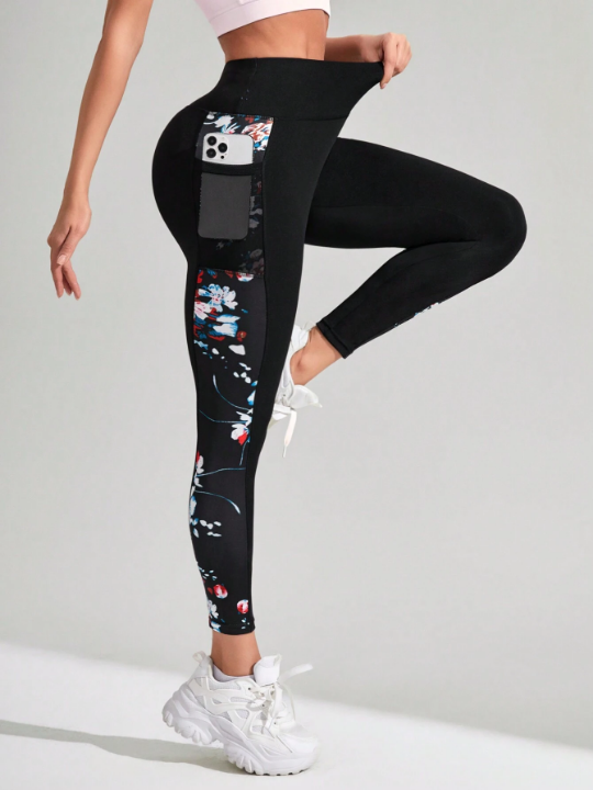 Floral Printed Leggings With Pockets And Side Stripes For Sports