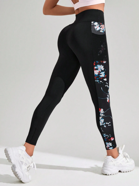 Floral Printed Leggings With Pockets And Side Stripes For Sports