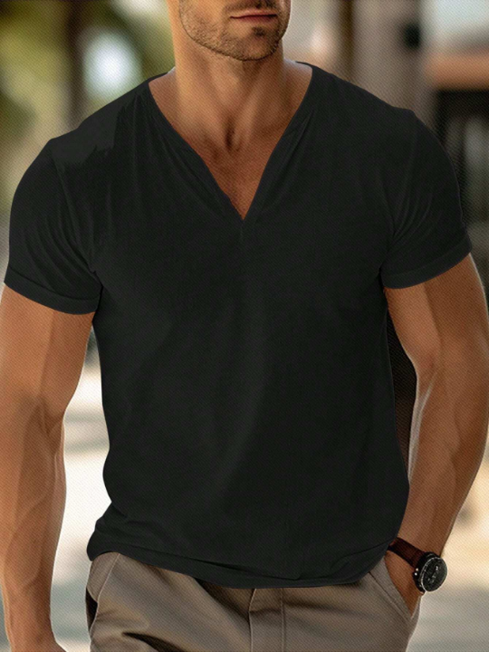 Manfinity Homme Men's Solid Color Simple V-Neck Short Sleeve T-Shirt