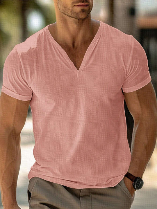 Manfinity Homme Men's Solid Color Simple V-Neck Short Sleeve T-Shirt