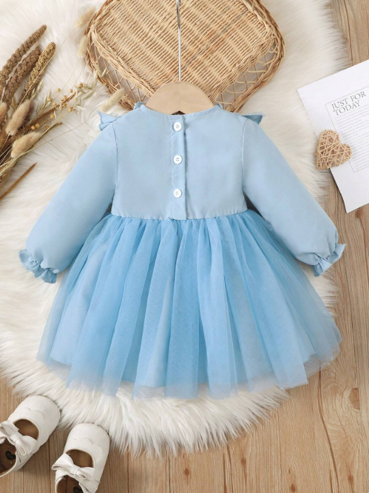 Baby Girl Lace Decorated Mesh Dress With Ruffle Hem