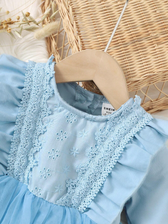 Baby Girl Lace Decorated Mesh Dress With Ruffle Hem