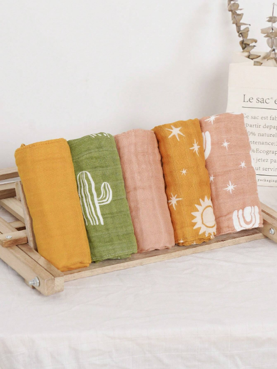 5pcs/Set Bamboo Muslin Square Towels, 4 -Layer Soft Face Towel, Cute Print Burp Cloth