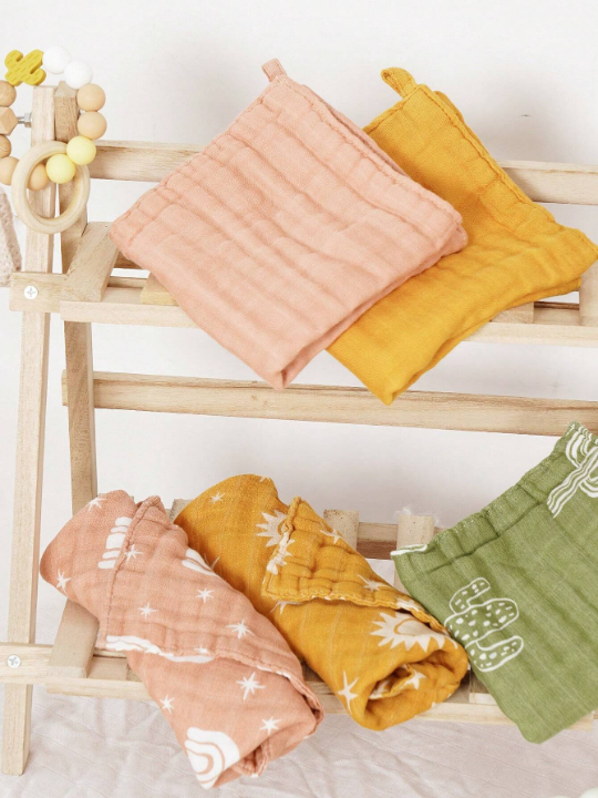 5pcs/Set Bamboo Muslin Square Towels, 4 -Layer Soft Face Towel, Cute Print Burp Cloth