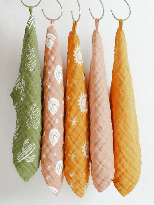 5pcs/Set Bamboo Muslin Square Towels, 4 -Layer Soft Face Towel, Cute Print Burp Cloth