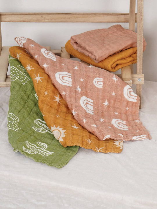 5pcs/Set Bamboo Muslin Square Towels, 4 -Layer Soft Face Towel, Cute Print Burp Cloth