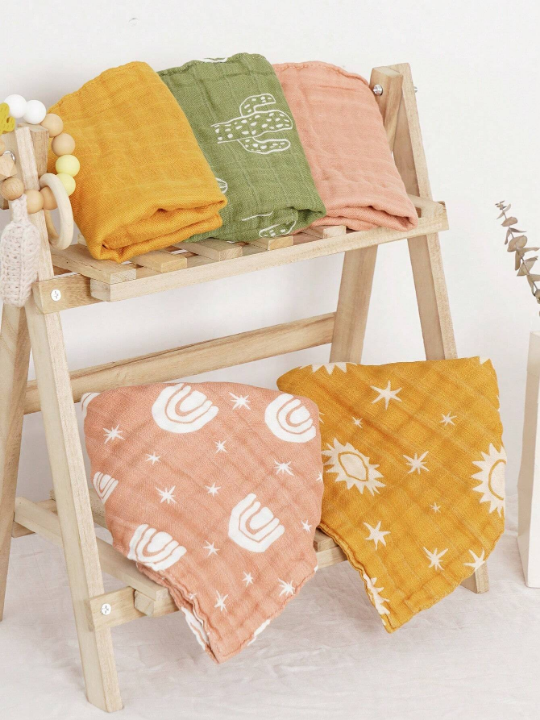 5pcs/Set Bamboo Muslin Square Towels, 4 -Layer Soft Face Towel, Cute Print Burp Cloth