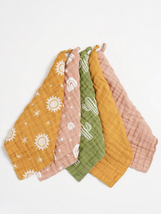 5pcs/Set Bamboo Muslin Square Towels, 4 -Layer Soft Face Towel, Cute Print Burp Cloth