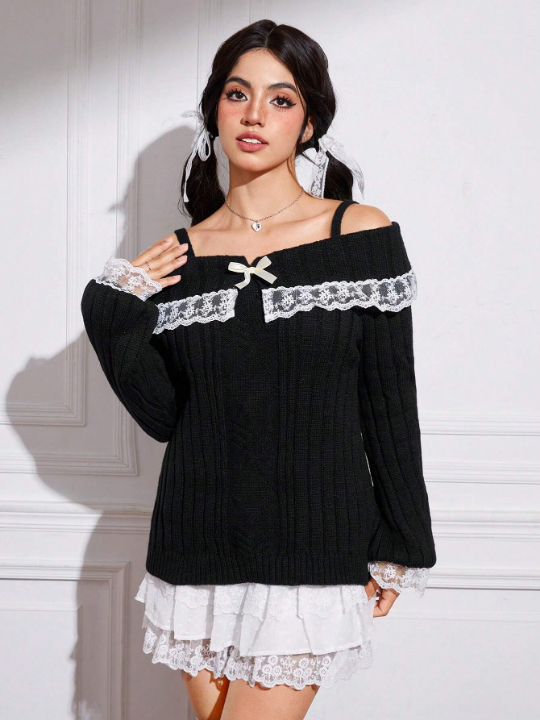 ROMWE Kawaii Contrast Lace Bow Cold Shoulder Sweater
