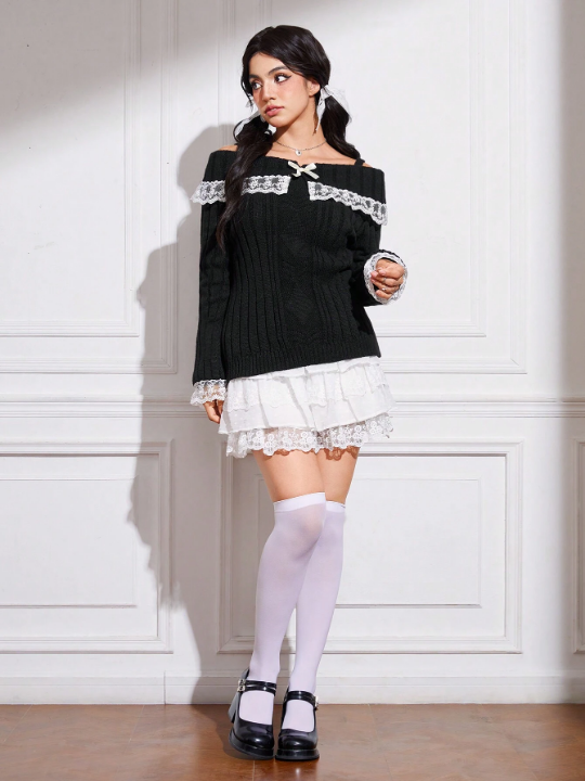 ROMWE Kawaii Contrast Lace Bow Cold Shoulder Sweater