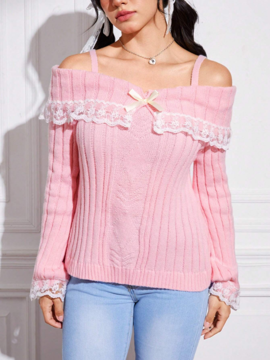 ROMWE Kawaii Contrast Lace Bow Front Cold Shoulder Sweater